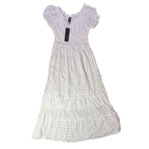 ME2 MAGIC White Eyelet Embroidered Tiered Maxi Dress Boho‎ Cottagecore V-Neck